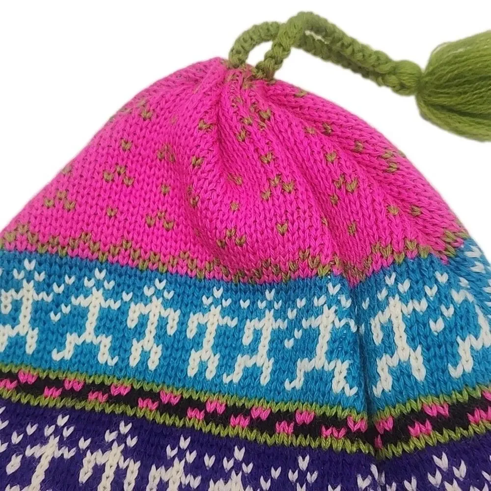 Smiley Beanie Ski Cap Hat 100% Wool Ear Flap Tassels Pink Blue Black Green USA